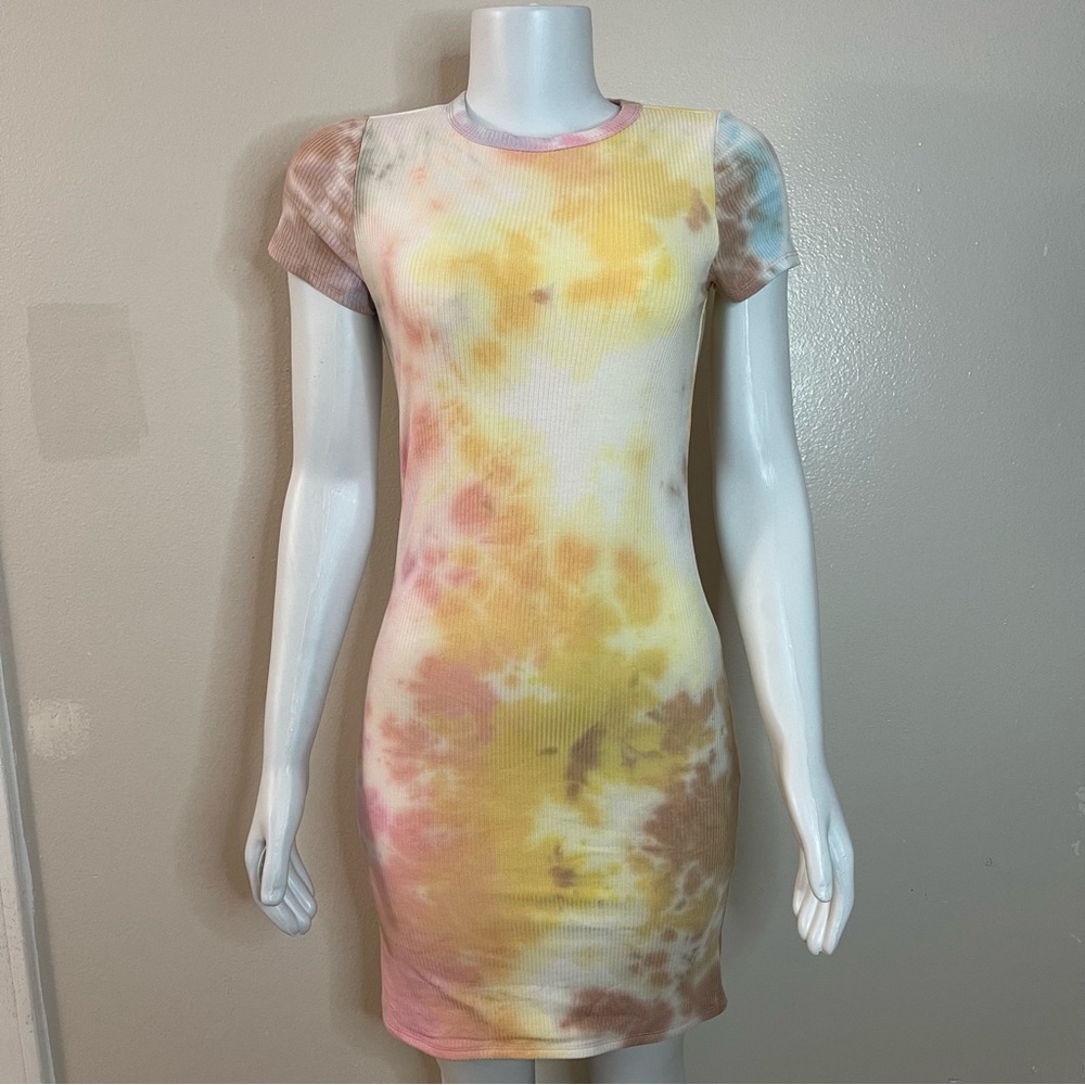 Yellow  pink tie dye ribbed short sleeve bodycon mini dress